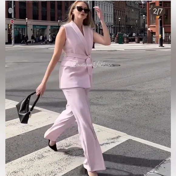 ZARA 2 PIECES MATCHING SET TIED BELTED VEST AND SIDE ZIP FLOWY PANTS - Picture 8 of 16